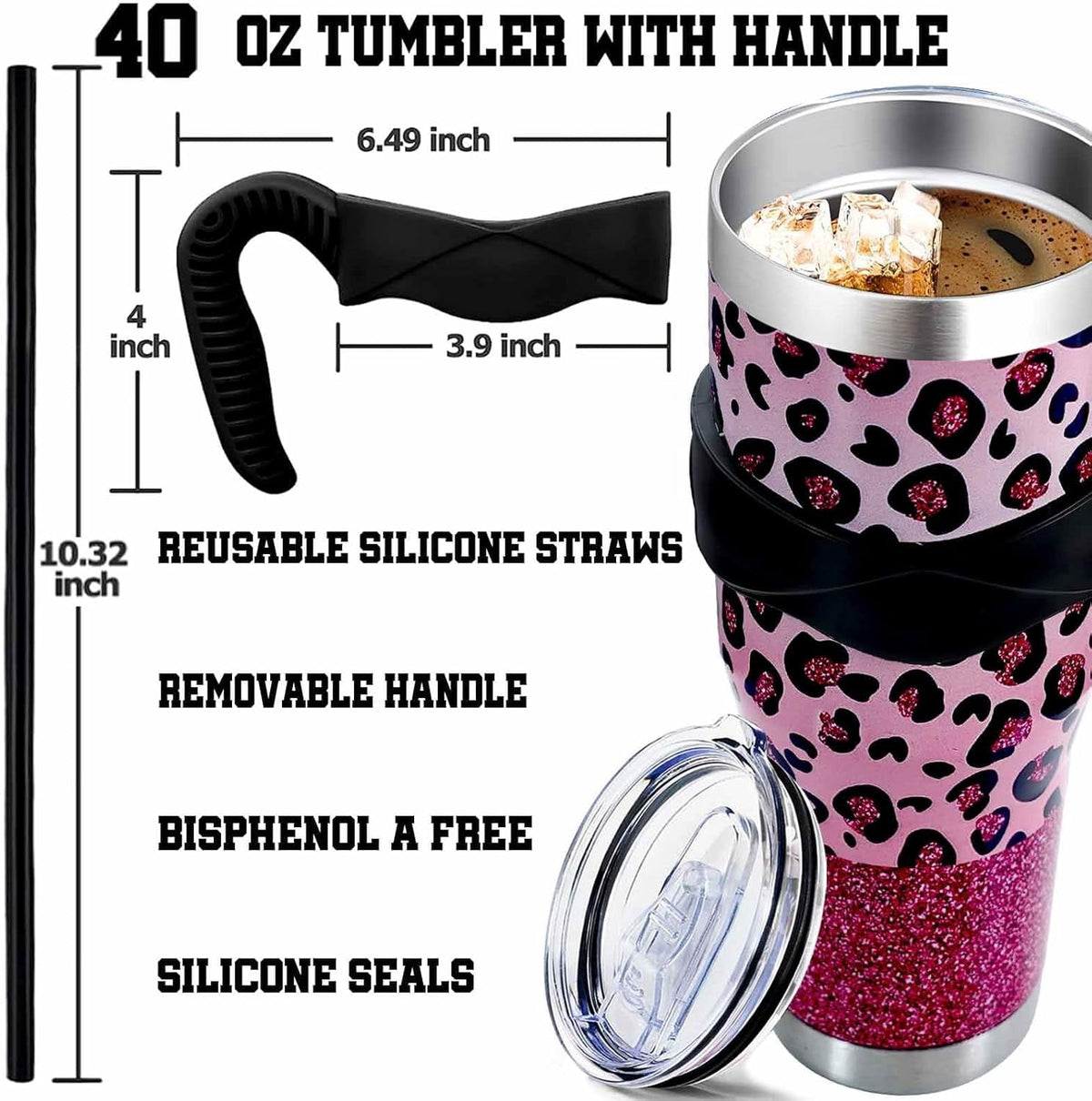 Lunabuddy™ Sunmdecor Pink Leopard Print Tumbler with Handle and Silicone Straws - 40 Oz Cheetah Insulated Tumbler - Leopard Cup Gift for Women
