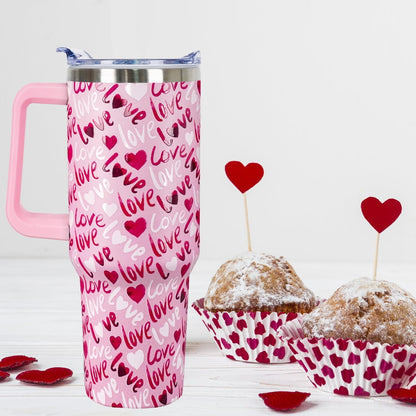 Lunabuddy™ 40 Oz Valentines Day Tumbler 3d-Printed Pink Love Tumbler Gifts for Couple Women Men Insulated Travel Cup with Handle Lid and Straw