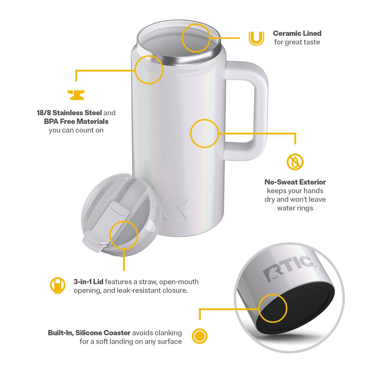 Lunabuddy™ 64 oz Ceramic Lined Road Trip Tumbler with Handle and Leak-Resistant Straw Lid, White Glitter