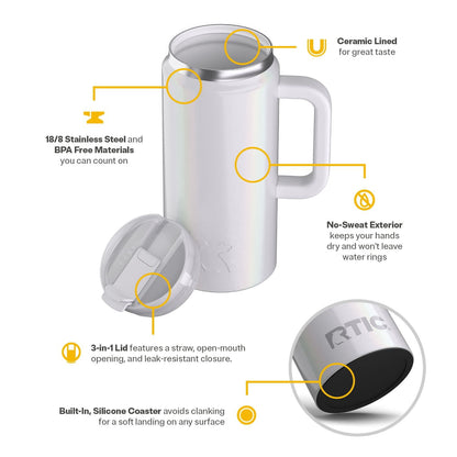 Lunabuddy™ 64 oz Ceramic Lined Road Trip Tumbler with Handle and Leak-Resistant Straw Lid, White Glitter