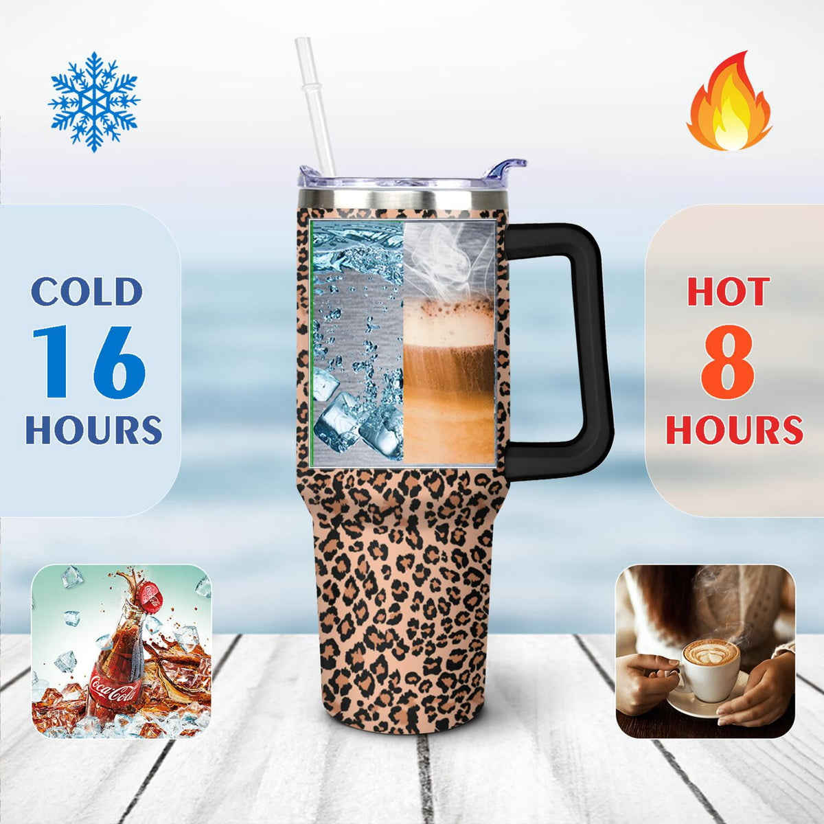 Lunabuddy™ 40oz Fashion Leopard Pattern Stainless Steel Flip Straw Tumbler Spill Proof Travel Cup Double Wall Vacuum Insulated Coffee Mug with Top Handle