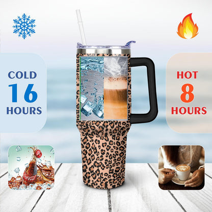 Lunabuddy™ 40oz Fashion Leopard Pattern Stainless Steel Flip Straw Tumbler Spill Proof Travel Cup Double Wall Vacuum Insulated Coffee Mug with Top Handle