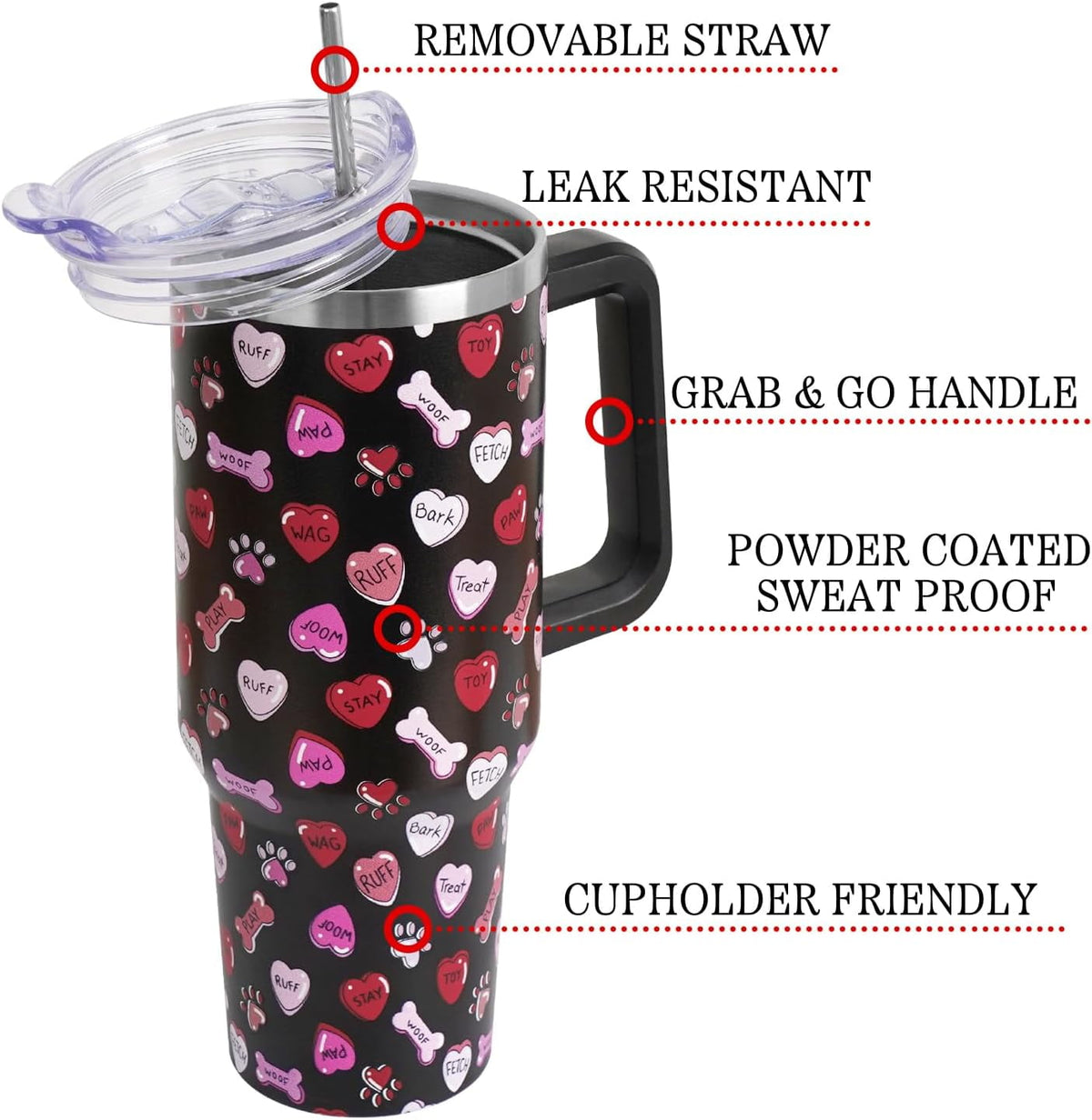 Lunabuddy™ Valentines Day Gifts 40 oz Tumbler with Handle and Straw Lid,Valentine''s Day Gift for Her Women Girlfriend Wife Dog Bones and Candy Hearts Vacuum Insulated Leak Proof Stainless Steel Coffee Cup Mug