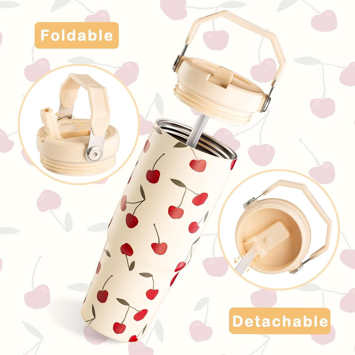 Lunabuddy™ Cherry Tumbler, Cherry Gifts for Women 30 oz Tumbler with Handle and Flip Straw Stainless Steel Insulated Cup Travel Mug Water Bottle