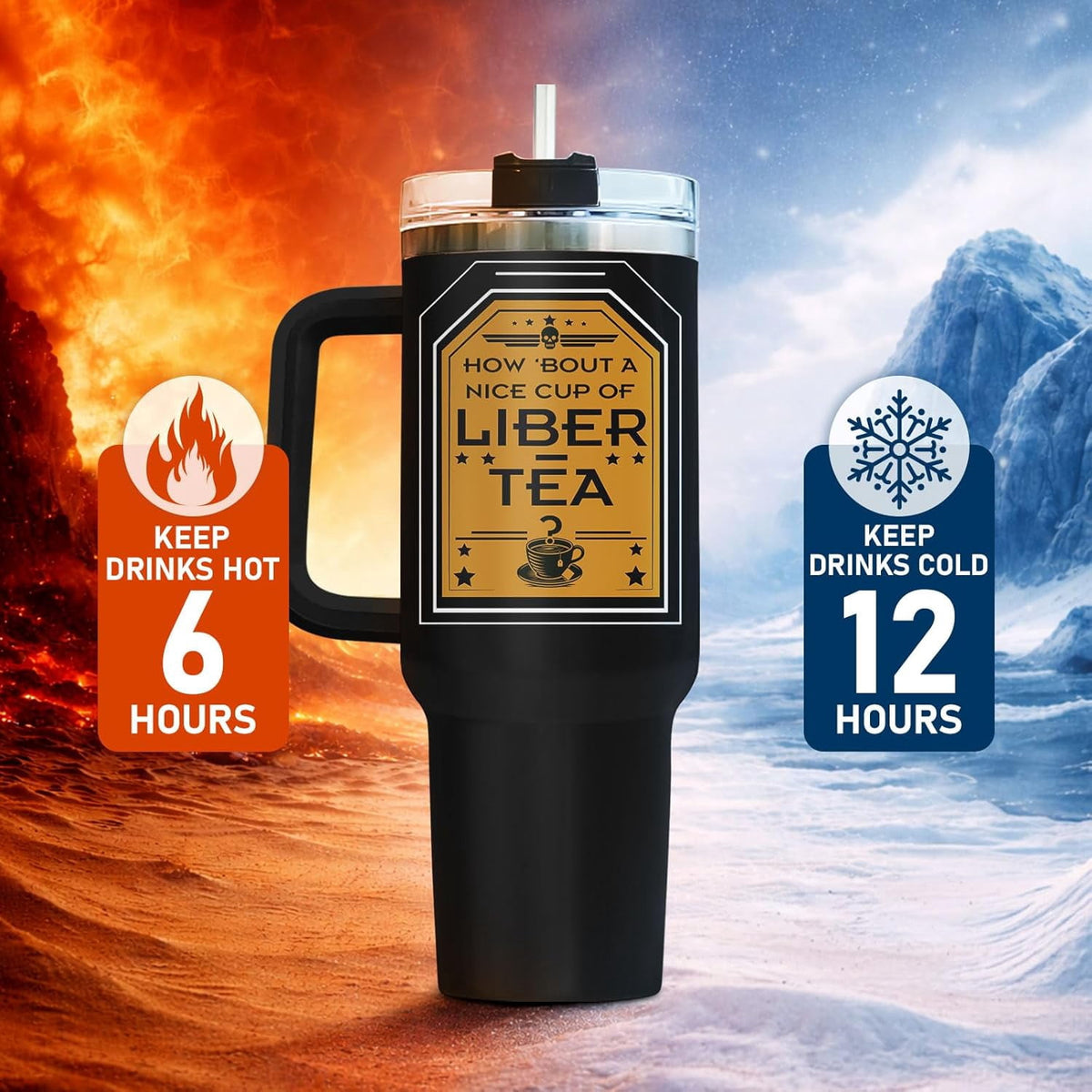 Lunabuddy™ Liber Tea Tumbler 40oz with Handle and Straw, Patriotic Tea Vacuum Insulated Travel Gaming Cup, Gamer Gifts for Father''s Day - Cool Birthday Present for Him, Men & Daddy