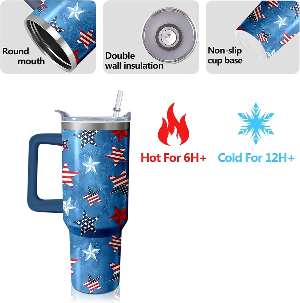 Lunabuddy™ 40oz American Flag 4th of july Tumbler With Handle and Straw, Gifts For Memorial Day Veterans day Independence day, Patriots Coffee Mug Water Bottle, Labor Day Stainless Steel Insulated Cup