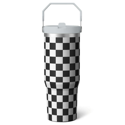 Lunabuddy™ 1pc Black and white grid 30oz Tumbler with Straw & Handle - Insulated Stainless Steel Cup | Holiday Gift for Man Women (Christmas, Valentine's, Birthday)