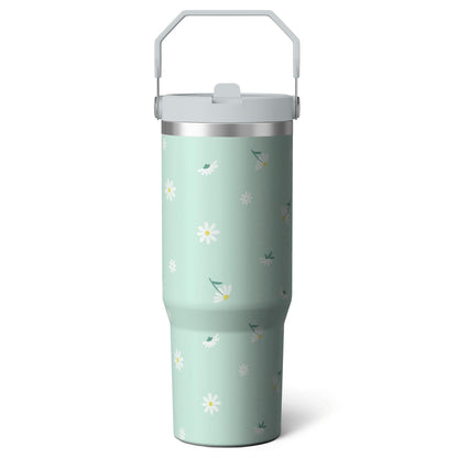 Lunabuddy™ 1pc Black and white grid 30oz Tumbler with Straw & Handle