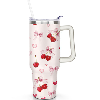 Lunabuddy™ 1pc cherry 40oz Tumbler with Straw & Handle - Insulated Stainless Steel Cup | Holiday Gift for Man Women (Christmas, Valentine's, Birthday)