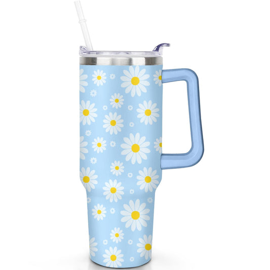 Lunabuddy™ 1pc daisy 40oz Tumbler with Straw & Handle - Insulated Stainless Steel Cup | Holiday Gift for Man Women (Christmas, Valentine's, Birthday)