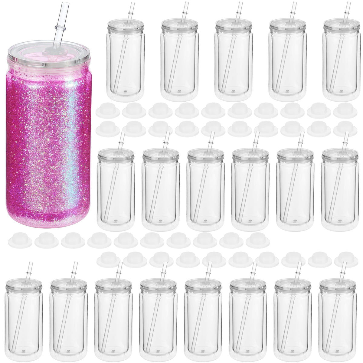 Lunabuddy™ 20 Pcs 16 fl oz Plastic Tumblers with Lids and Straws, Double Wall Tumbler with Pre Drilled Hole Bulk Snow Globe Cups, Reusable Mason Cup with Silicone Plugs for Cold Drinks, DIY, Parties