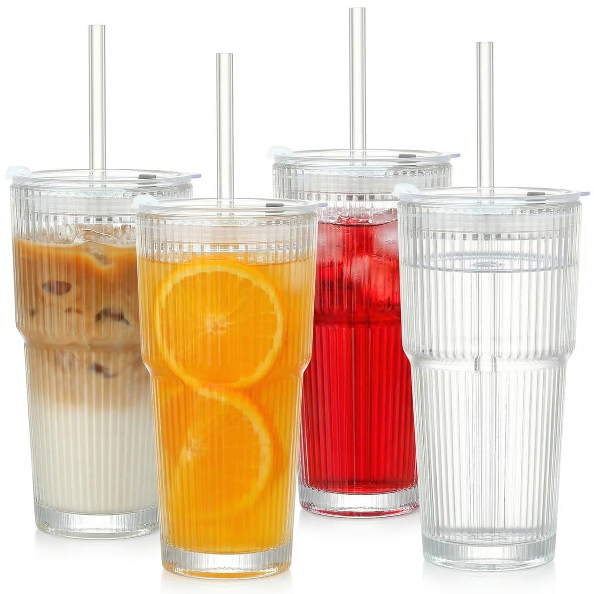 Lunabuddy™ 20 oz Clear Ribbed Glass Tumbler with Lid and Straw, Spill-proof Iced Coffee Cups, Hobnail Drinking Set of 4, Vintage Glassware