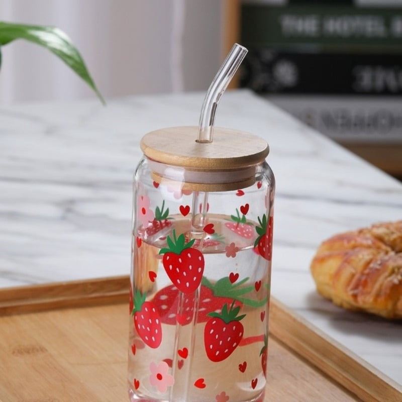 Lunabuddy™ Totoro Hero Kawaii Strawberry Glass Cup With Lid And Straw Drinking Cups Iced Hot Coffee Glasses Cute Tumbler Cup for Kitchenware Juice Cup