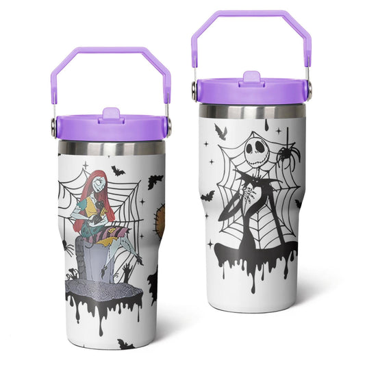 Lunabuddy™ 20oz Halloween Nightmare Before Stainless Steel Tumbler with Lid and Straw,Spill Proof Christmas Jack Skeleton Travel Cup Double Wall Vacuum Insulated Coffee Mug with Top Handle Light-purple