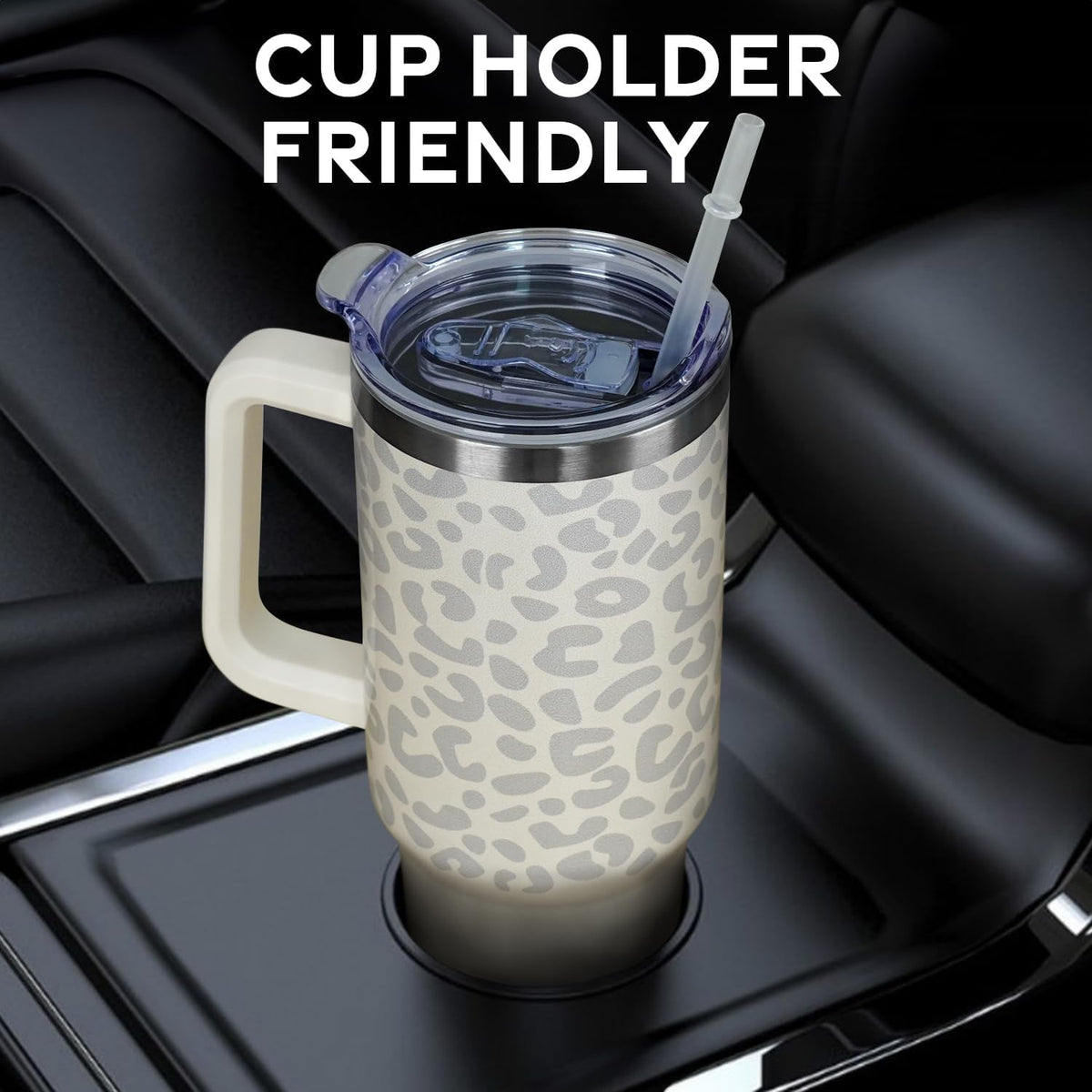 Lunabuddy™ 40oz Tumbler with Handle and Straw Lid | Vacuum Insulated Leak Proof Tumbler | Stainless Steel Travel Mug Water Bottle Cup Keeps Cold & Hot | Cream Leopard