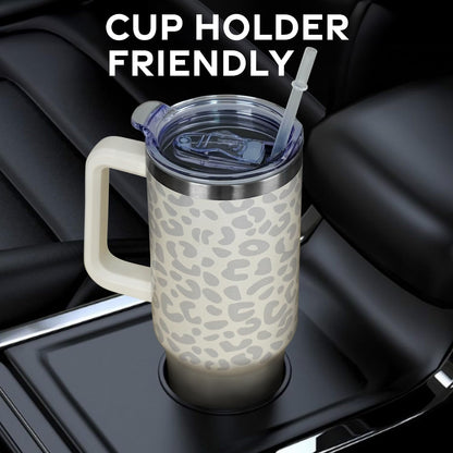 Lunabuddy™ 40oz Tumbler with Handle and Straw Lid | Vacuum Insulated Leak Proof Tumbler | Stainless Steel Travel Mug Water Bottle Cup Keeps Cold & Hot | Cream Leopard