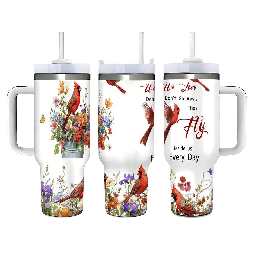 Lunabuddy™ Cardinal Bird Floral Insulated Tumbler with Lid and Straw, Stainless Steel Travel Mug with Handle, Wildflower Spring Art Design