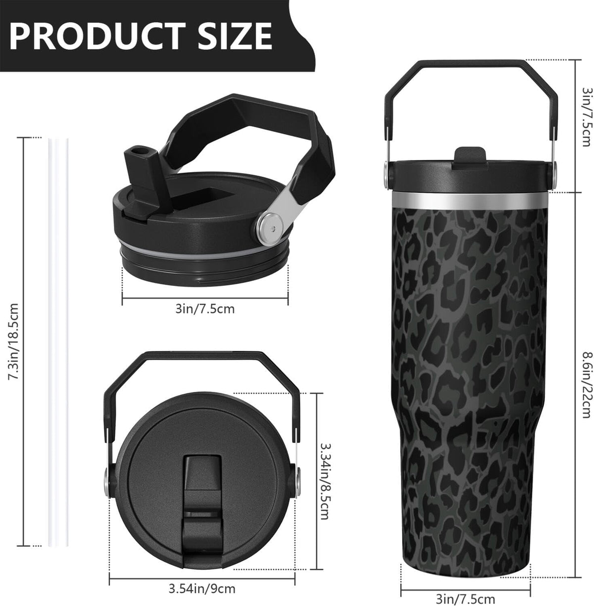 Lunabuddy™ 30oz Insulated Leopard Tumbler with Handle,Featuring a Leak-proof 2-in-1 Lid and Straw,a Vacuum-insulated Travel Coffee Mug,Portable Stainless Steel Water Bottle,Suitable for Both Women and Men