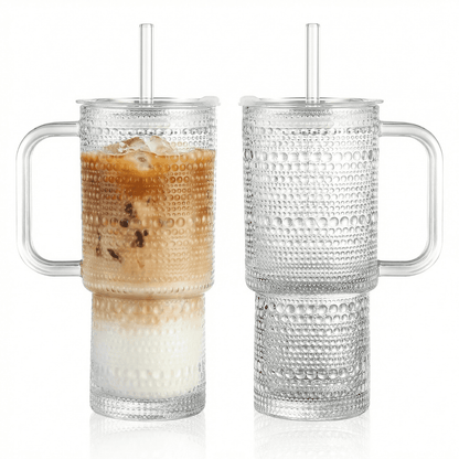 Lunabuddy™ 26oz Drinking Glasses with Handle & Lid – 2-Pack Large Iced Coffee Cups with Straws, Modern Glass Tumbler for Cold & Hot Beverages, Aesthetic Travel Cup for Smoothies, Tea, and Juice