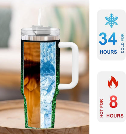 Lunabuddy™ Ombre Leopard Glitter 40 oz Insulated Double Wall Stainless Steel Tumbler with Handle and Straw, Lid, Large Travel Mug Fits in Cup Holder, Cup Gift for Women(Green)