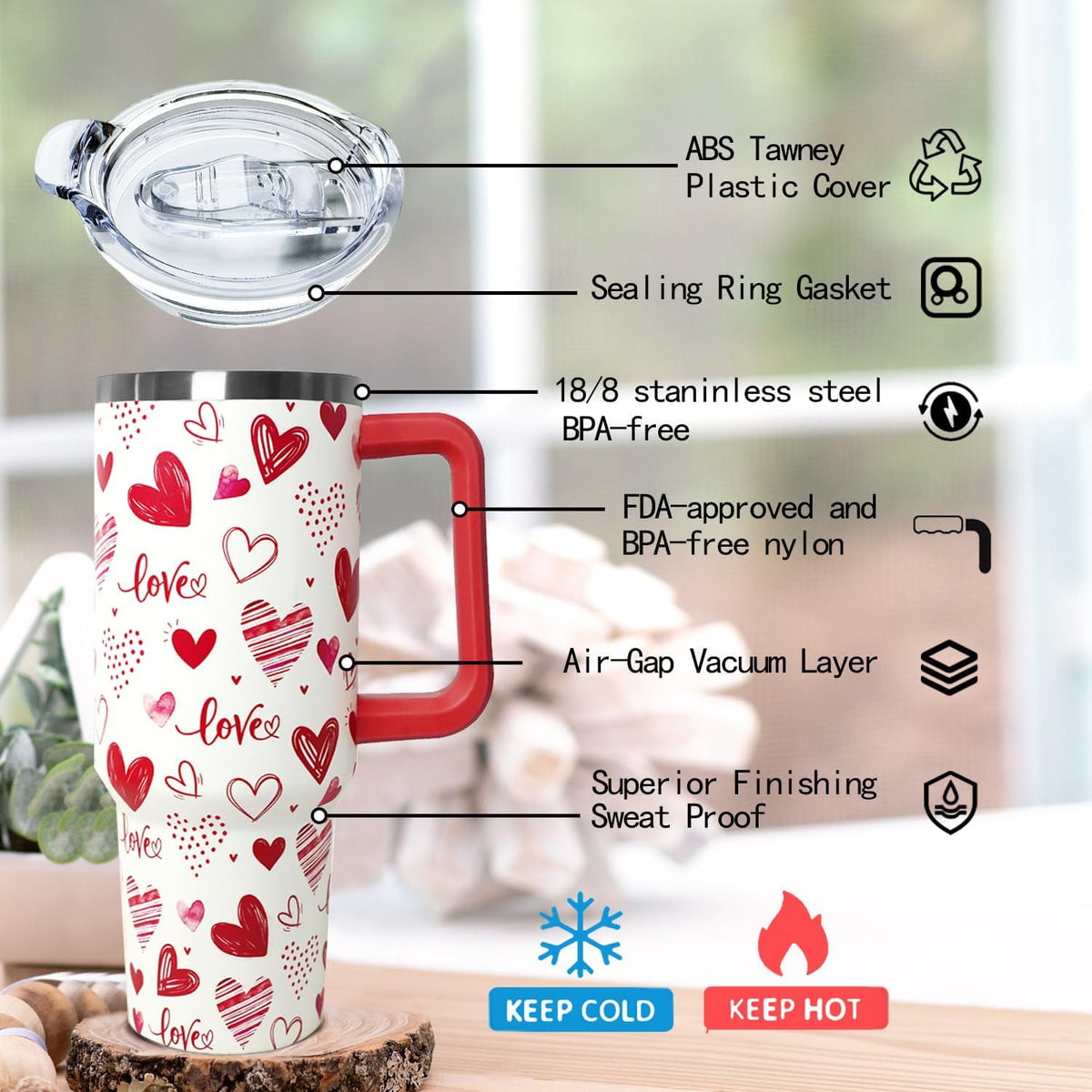 Lunabuddy™ Love Tumbler 40 Oz Valentine Heart Tumbler With Handle,Valentine''s Day Coffee Travel Mug Cup Water Bottle,Heart Decor,Valentine''s Gifts for Wife Girlfriend Bride