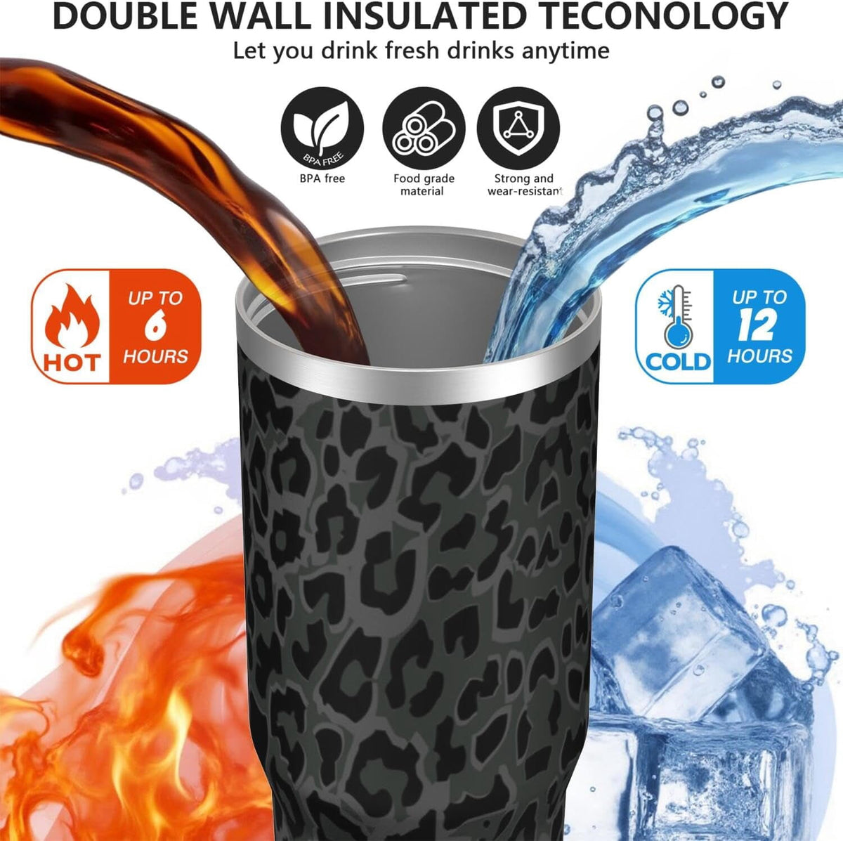 Lunabuddy™ 30oz Insulated Leopard Tumbler with Handle,Featuring a Leak-proof 2-in-1 Lid and Straw,a Vacuum-insulated Travel Coffee Mug,Portable Stainless Steel Water Bottle,Suitable for Both Women and Men
