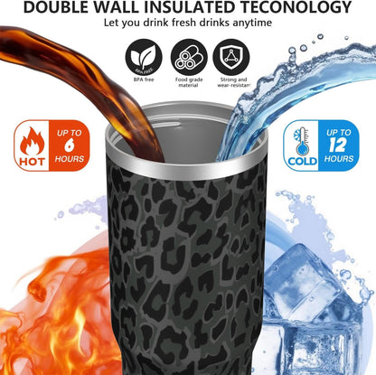 Lunabuddy™ 30oz Insulated Leopard Tumbler with Handle,Featuring a Leak-proof 2-in-1 Lid and Straw,a Vacuum-insulated Travel Coffee Mug,Portable Stainless Steel Water Bottle,Suitable for Both Women and Men