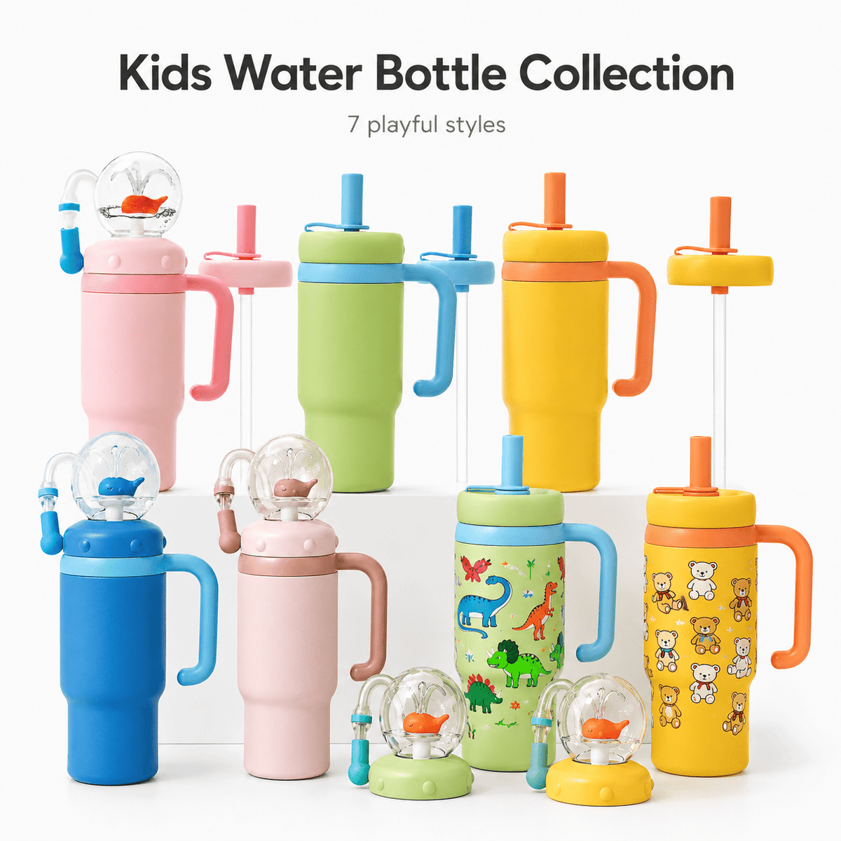 Lunabuddy™ 24oz Stainless Steel Whale Fountain Tumbler with Handle,Drinking Cup with Whale Squirt,Whale Water Bottle Two Silicone Soft Tip,Leak-Proof WhaleFountain Tumbler for Kids Teens Adults,Dishwasher Safe
