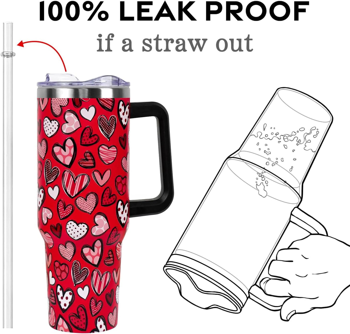Lunabuddy™ Valentines Day Gifts 40 oz Tumbler with Handle and Straw Lid,Cute Valentine''s Day Gift for Her Women Girlfriend Wife Red Love Hearts Vacuum Insulated Leak Proof Stainless Steel Coffee Cup Mug