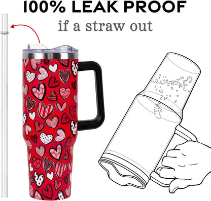 Lunabuddy™ Valentines Day Gifts 40 oz Tumbler with Handle and Straw Lid,Cute Valentine''s Day Gift for Her Women Girlfriend Wife Red Love Hearts Vacuum Insulated Leak Proof Stainless Steel Coffee Cup Mug