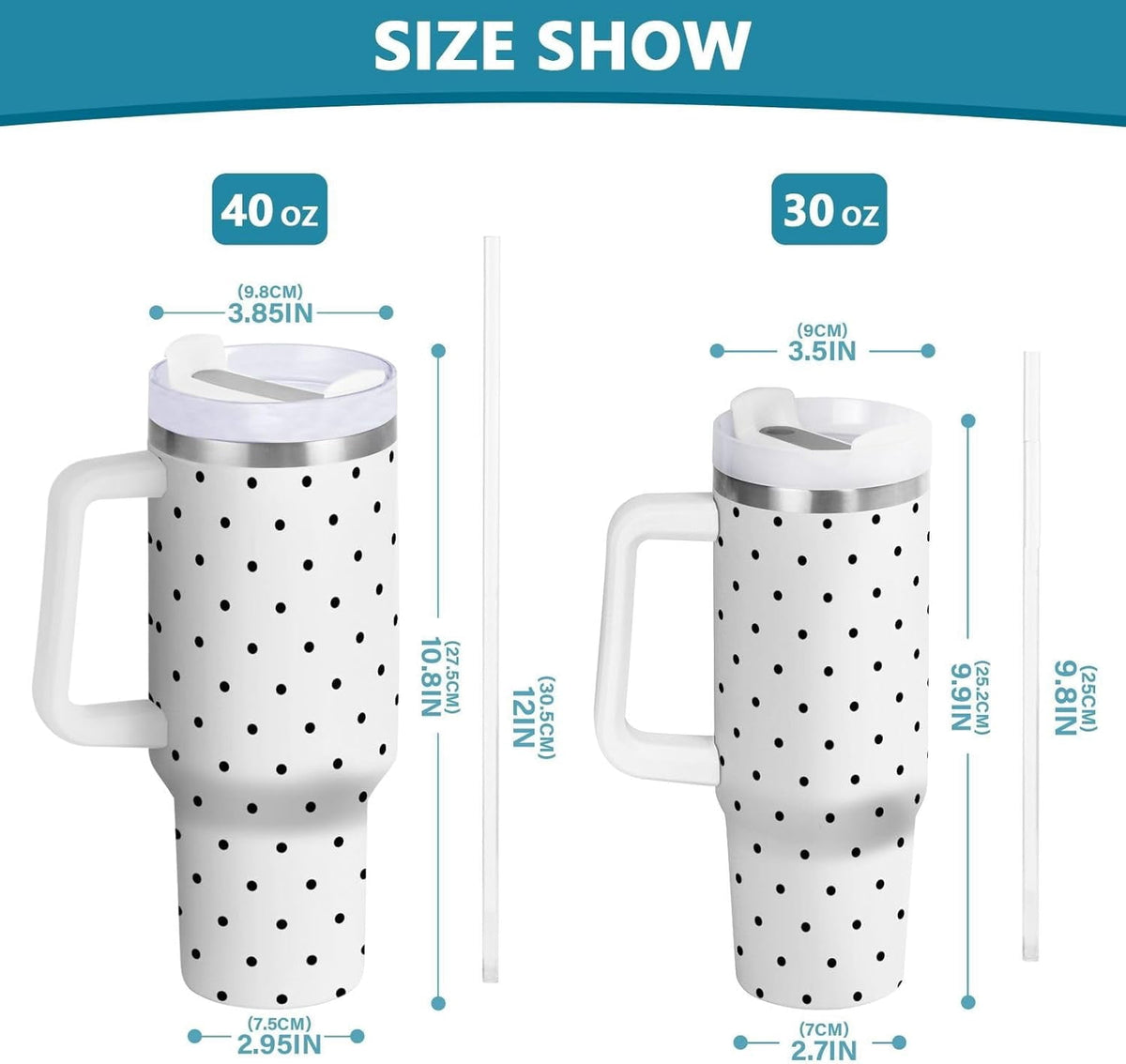 Lunabuddy™ 40 oz Tumbler with Handle Lid and Straw Insulated Water Tumbler Stainless Steel Water Cup Mug Bottle Reusable Cup Holder Friendly Polka Dot White