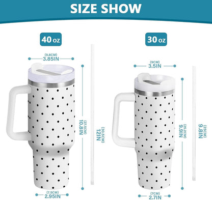 Lunabuddy™ 40 oz Tumbler with Handle Lid and Straw Insulated Water Tumbler Stainless Steel Water Cup Mug Bottle Reusable Cup Holder Friendly Polka Dot White
