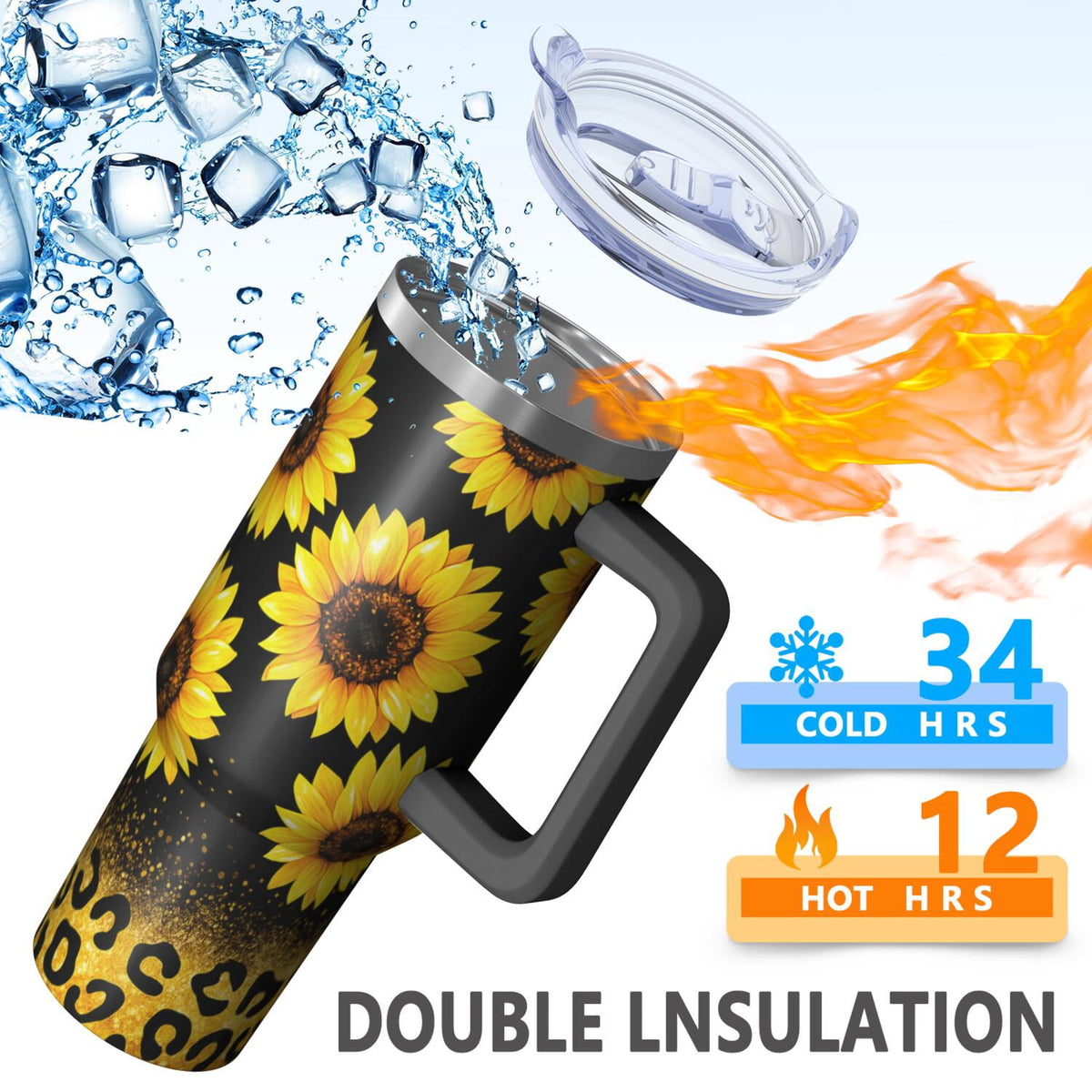 Lunabuddy™ 1pc Sunflower 40oz Tumbler with Straw & Handle - Insulated Stainless Steel Cup | Holiday Gift for Man Women (Christmas, Valentine's, Birthday)