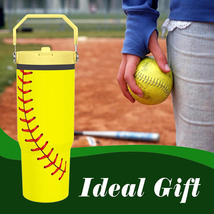 Lunabuddy™ Softball Lover Gift 30 oz Flip Straw Tumbler with Top Handle Softball Pattern BPA-Free Leak Proof Stainless Steel Insulated Vacuum Flip Top Water Bottle for Sporting Working