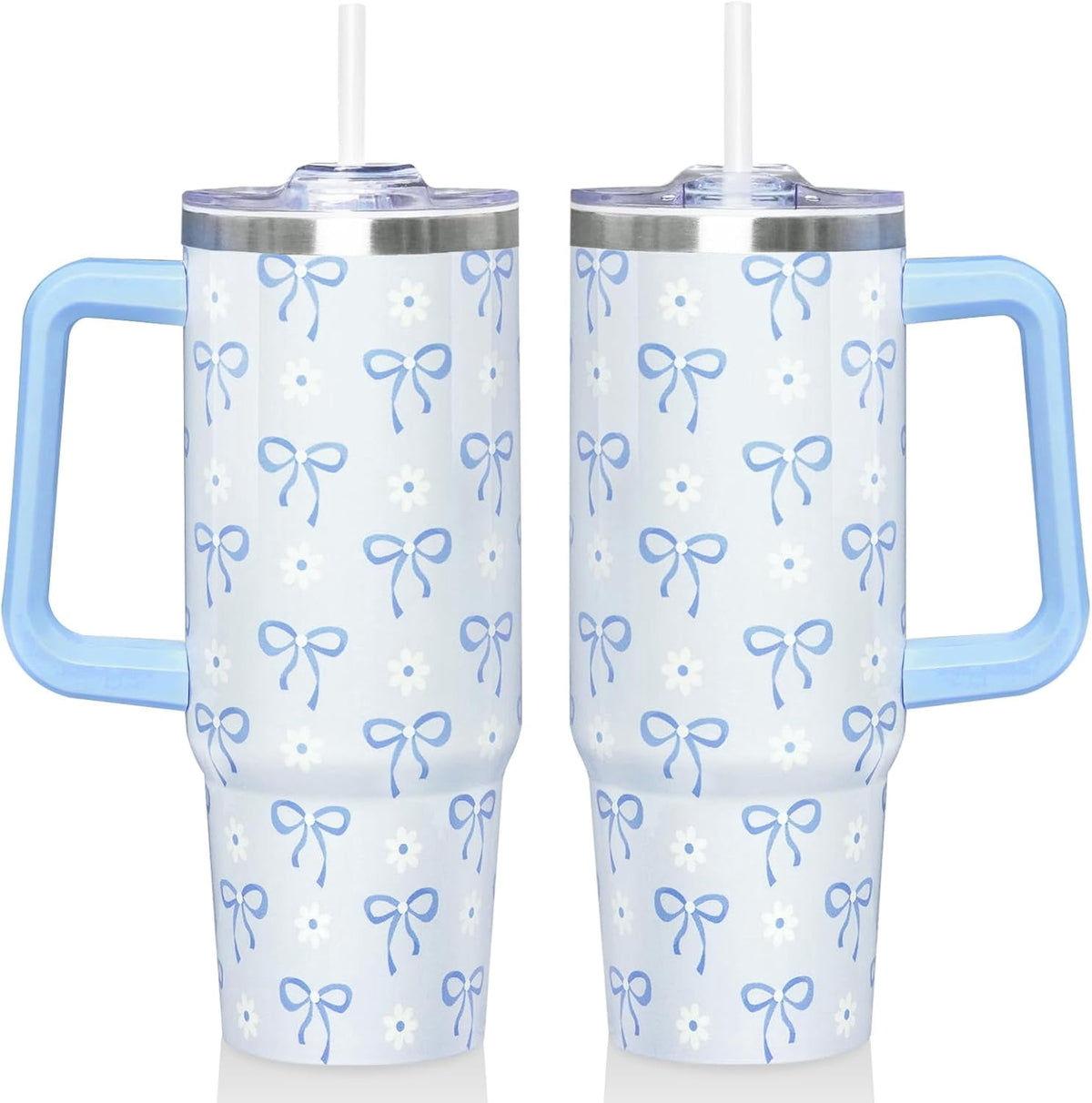 Lunabuddy™ 30 Oz Blue Bow Tumbler with Handle and Straw, Insulated Stainless Steel Coffee Travel Cup Mug Water Bottle, Blue Bow Themed Gifts for Women Teen Girl