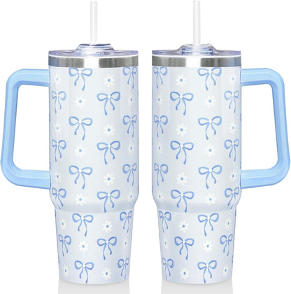 Lunabuddy™ 30 Oz Blue Bow Tumbler with Handle and Straw, Insulated Stainless Steel Coffee Travel Cup Mug Water Bottle, Blue Bow Themed Gifts for Women Teen Girl
