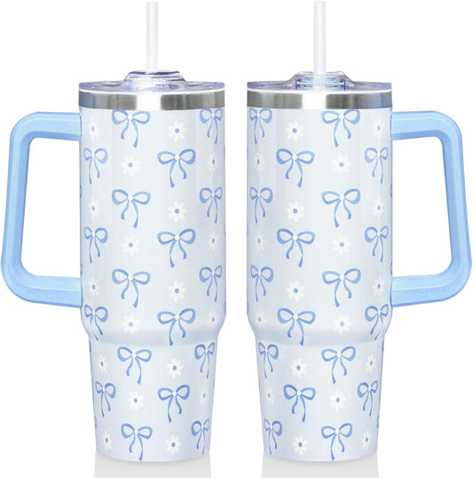 Lunabuddy™ 30 Oz Blue Bow Tumbler with Handle and Straw, Insulated Stainless Steel Coffee Travel Cup Mug Water Bottle, Blue Bow Themed Gifts for Women Teen Girl
