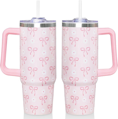 Lunabuddy™ 30 Oz Blue Bow Tumbler with Handle and Straw, Insulated Stainless