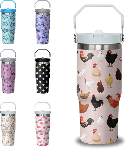 Lunabuddy™ 30 oz Chicken Tumbler with Handle and Flip Straw, Stainless Steel Double Insulated Cup with Lid and Straw, Travel Coffee Mug Water Bottle,Christmas Birthday Mothers Day Gifts for Women Animal Lovers