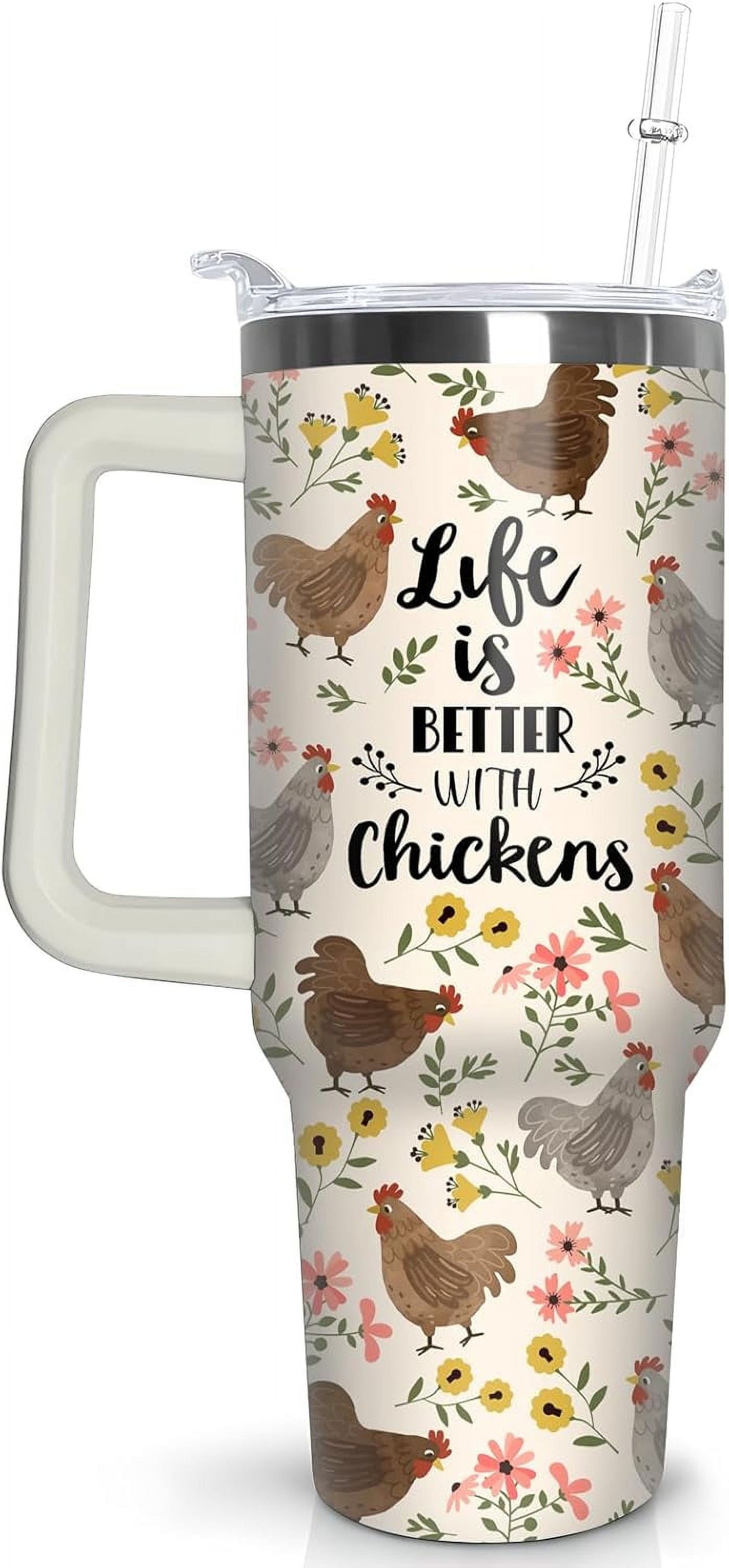 Lunabuddy™ 30 oz Chicken Tumbler with Handle and Straw, Floral Rooster Stainless Steel Vacuum Insulated Travel Coffee Mug Cup Water Bottle, Chicken Stuff Accessories Decor, Rooster Gifts for Women Girls