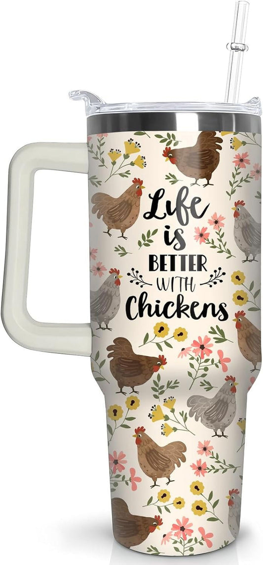 Lunabuddy™ 30 oz Chicken Tumbler with Handle and Straw, Floral Rooster Stainless Steel Vacuum Insulated Travel Coffee Mug Cup Water Bottle, Chicken Stuff Accessories Decor, Rooster Gifts for Women Girls
