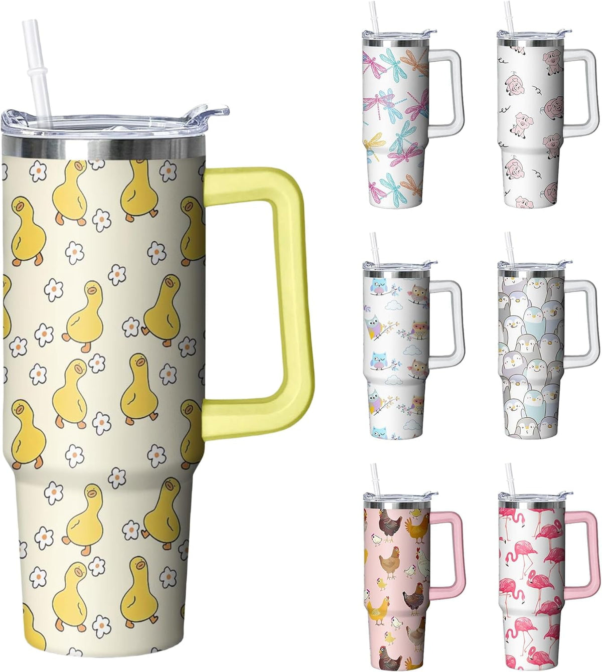 Lunabuddy™ 30 oz Duck Tumbler with Handle and Straw, Insulated Stainless Steel Cup with Lid, Travel Coffee Mug Water Bottle, Gifts for Woman Animal Lovers
