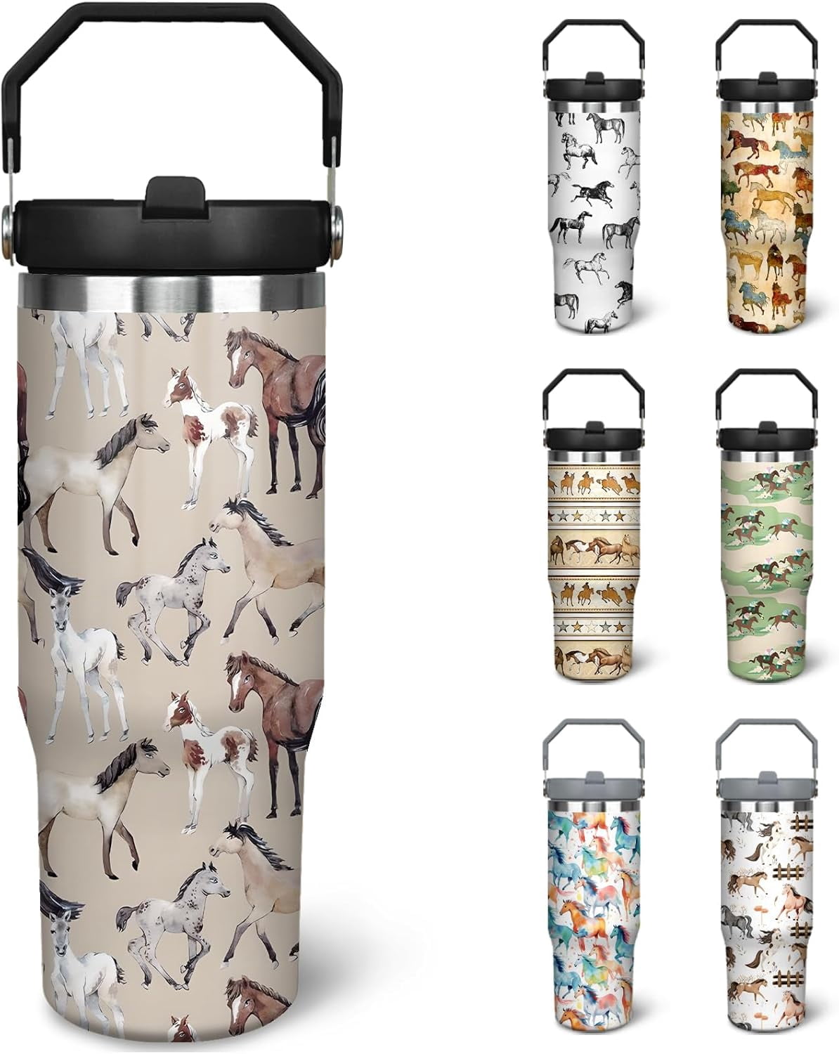 Lunabuddy™ 30 oz Horse Tumbler With Handle and Straw, 30oz Horse Flip Straw Tumbler Insulated Coffee Travel Mugs Cup Water Bottle Horse Gifts for Horse Lovers Women Girls