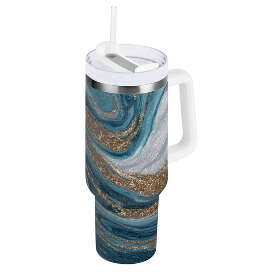 Lunabuddy™ 30 oz Insulated Stainless Steel Tumbler Double Wall Stainless Steel Tumbler with 2-Way Drinking Blue and Gold Swirling