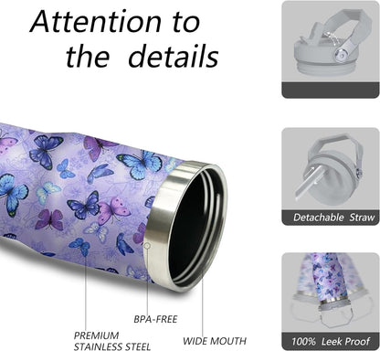 Lunabuddy™ 30 oz Purple Butterfly Tumbler with Handle and Filp Straw, Stainless Steel Cup with Lid and Straw, Travel Coffee Mug Insulated Water Bottle,Christmas Birthday Mothers Day Gifts for Women Animal Lovers