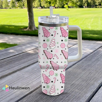 Lunabuddy™ Pink Christmas Tree Cakes Stainless Steel Tumbler 40Oz With Handle Insulated Tumbler Holiday Coffee Travel Mug for Tea, Latte, Hot Chocolate Seasonal Xmas Gifts for Women Men Coworker or Friends