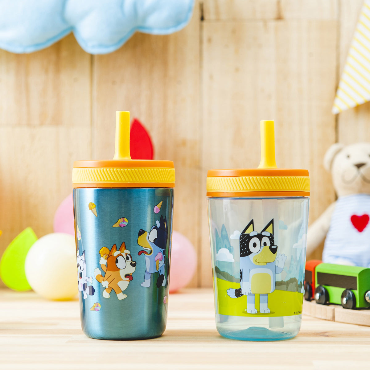 Lunabuddy™ 12oz and 15oz 2-Pack Straw Tumbler Stainless Steel and Plastic with Additional Straw Leakproof and Perfect for Kids, Bluey