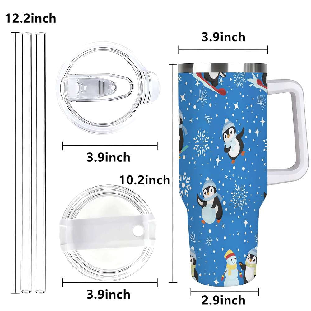 Lunabuddy™ Penguin Winter Travel Tumbler with Lid and Straw, Stainless Steel Insulated Cup with Cute Snow & Ski Design