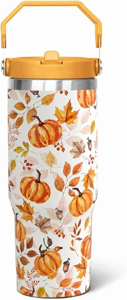 Lunabuddy™ 30oz Fall Pumpkin Flip Tumbler with Handle lid and Straw,Fall Coffee Travel Mug Cup Water Botter,Fall Gifts for Women,Fall Stuff Decor Accessories