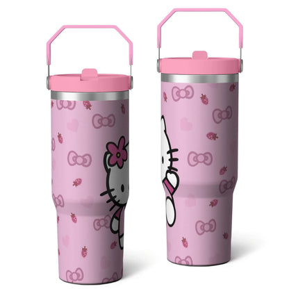 Lunabuddy™ 30oz Hello Kawaii Cat Cute Stainless Steel Tumbler with Lid and Straw,Spill Proof Travel Cup Double Wall Vacuum Insulated Coffee Mug with Top Handle Pink